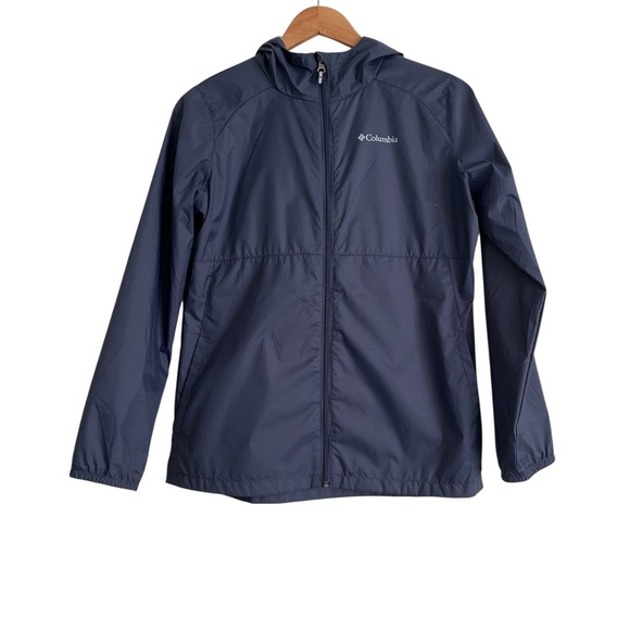 Columbia Unisex Kids Rain Jacket Sz XL 18-20 Navy Blue Windbreaker Light Hooded - Picture 1 of 11